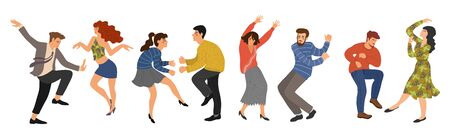 Group of young happy dancing people isolated on white background. Men and women in the dance. Vector illustration flat design.のイラスト素材