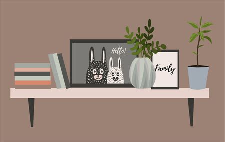 Wall shelf for a Scandinavian-style living room interior with flower pots, books and paintings. Vector flat illustration.のイラスト素材