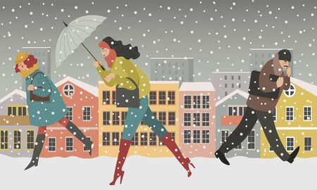 Walking people in the city -modern concept illustration of men and women, walking under the snow in the street against the background of urban snowy houses. Vector flat hand-drawn.のイラスト素材