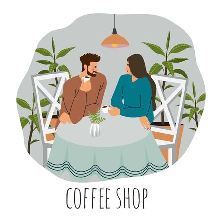 Coffee shop visitors. Flat vector illustration of a young couple, sitting at the table with coffee, lamps above surrounded by plantsのイラスト素材