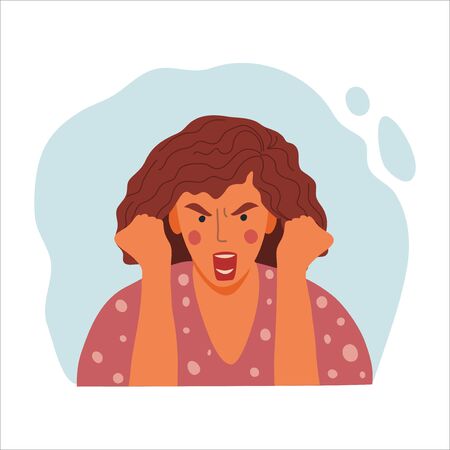 Women emotional portrait, hand drawn flat design concept illustration of angry girl, female face and clenched fists avatar. Vector iconのイラスト素材