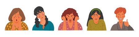 Emotional Womens portraits set, flat design concept illustration of girls, female faces and shoulders avatars. Vector icons hand draw collectionのイラスト素材