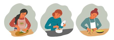 Set of the girls is cooking. Young womans with pan, knife and ladle. Vector flat illustrationのイラスト素材