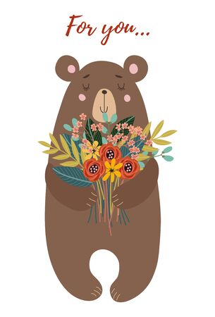 Hand drawn character cute bear with bouquet of flowers for decoration design, cards or posters. Childish vectorのイラスト素材