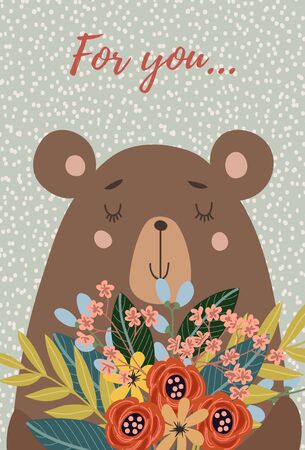 Hand drawn character cute face bear with bouquet of flowers for decoration design, cards or posters. Childish vectorのイラスト素材