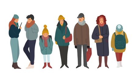 Crowd of people dressed in outerwear isolated on white background. Group of men, women and children wearing winter clothing. Flat cartoon vector illustrationのイラスト素材