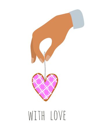 Happy Valentine's Day. Hand holding a gingerbread on a thread with icing in the shape of a heart. Isolated flat vector illustration on white background.のイラスト素材