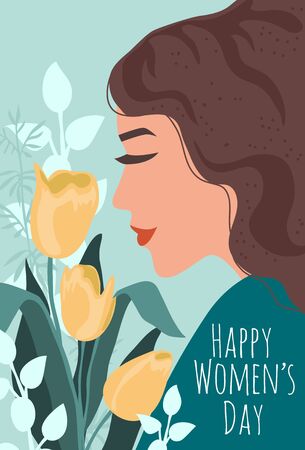 International Women s Day. Cute Vector illustration with face of woman and bouquet of flowers for card, poster, flyer and otherのイラスト素材