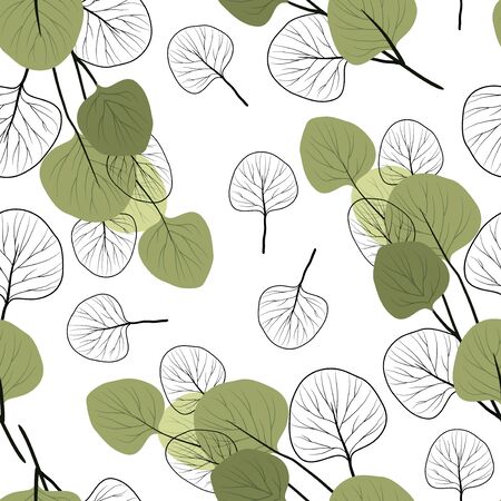 Seamless pattern with branches of eucalyptus on a flat style and black and white contours of leaves . Vector flat illustrationのイラスト素材