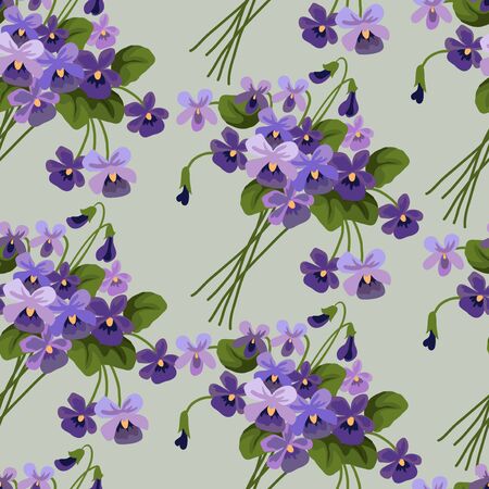 Seamless pattern with bouquets of violet on a blue background. Cute cartoon vector illustrationのイラスト素材
