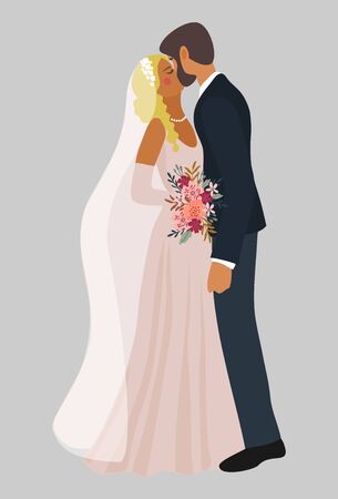 Couple of kissing newlyweds isolated on a white background. Cute vector cartoon illustration in flat style.のイラスト素材