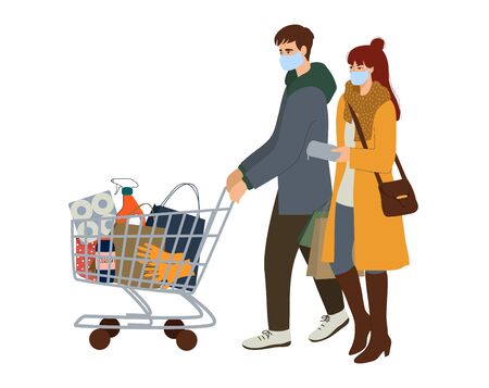 Vector illustration with couple with a basket of essentials shopping in a hypermarket. Concept of visiting public places during quarantine.のイラスト素材