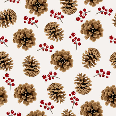 Seamless with pine cone and berries on whiteのイラスト素材