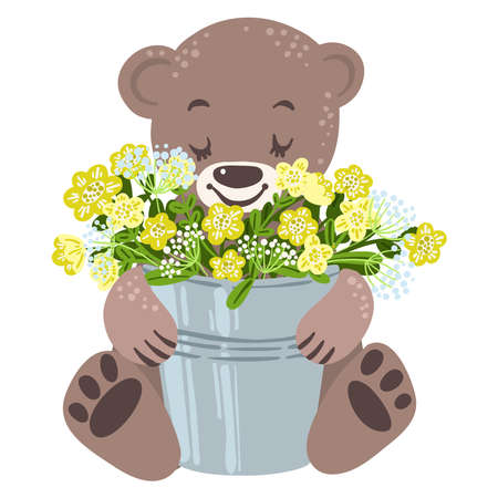 Baby bearand buckerful with spring flowers, vector illustrationのイラスト素材