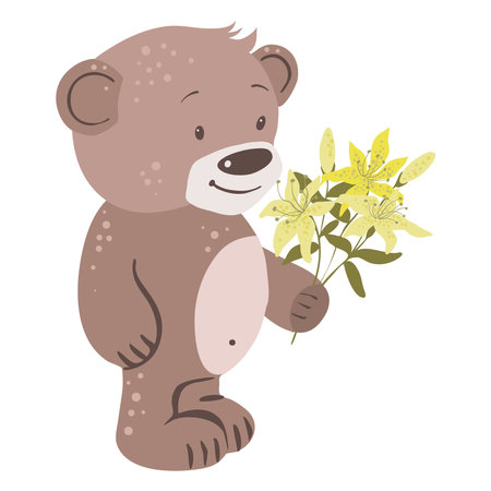 Teddy Bear with bouquet of lily Flower. Hand drawn watercolor style vector illustration.のイラスト素材
