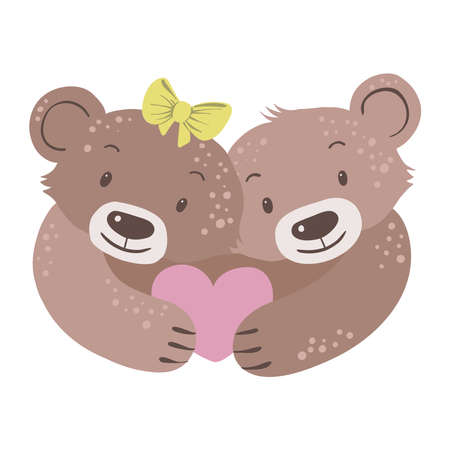 Two teddy bears with big heart in their paws isolated on a white background. Teddy bears isolated on white background.のイラスト素材