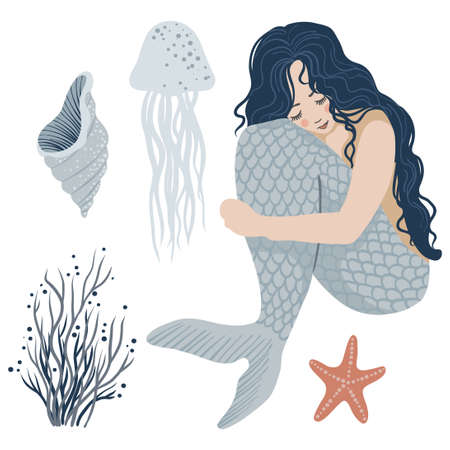 Marine illustrations set. Seated mermaid and isolated objects on white background. Vectorのイラスト素材