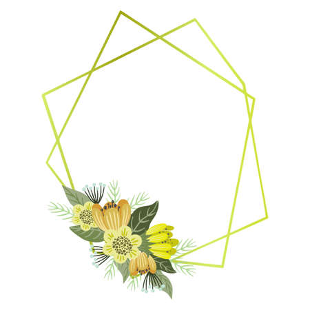 Vector floral geometric frame, cute flowers with golden geometrical frame.のイラスト素材