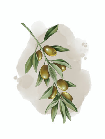 Olive branch with green olives. Hand drawn illustration.の写真素材