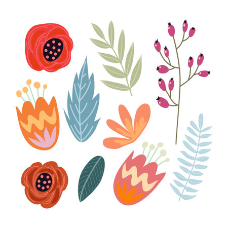 Collection of flowers, leaves and branches isolated on white background. Vector illustrationのイラスト素材