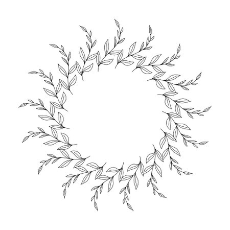 Doodle circular isolated wreath made of abstract plant branches with leaves on a white background.のイラスト素材