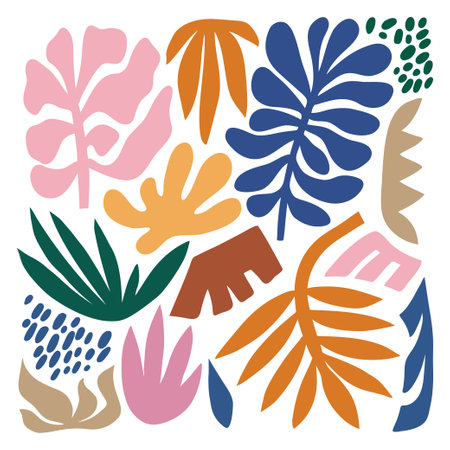 Set of Matisse inspired contemporary collage elements with abstract organic shapes in bright colors for poster, vector illustrationのイラスト素材