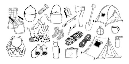 Hand drawn black and white doodle style vector illustration featuring a collection of isolated camping elements, tent including, axe, kettle, pot, knife, campfire, folding chair, blanket, and more. Line icons on white background.のイラスト素材