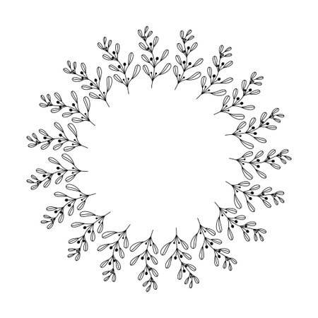 Isolated on white background vector illustration of a circular wreath made of doodle style black and white branches in a hand drawn design,のイラスト素材