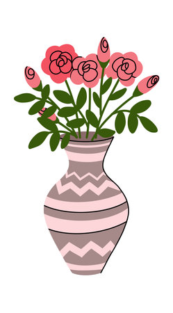 Hand drawn flat vector illustration of a classic vase with ornament and delicate pink flowers with green leaves. Modern minimalist composition, isolated on a white backgroundのイラスト素材