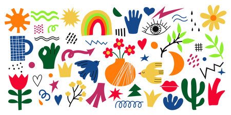 Abstract Scandinavian style baby elements collection isolated on white background. Rainbow, sun, hand, eye, arrow, lightning, flower geometric shapes and more abstractions.のイラスト素材