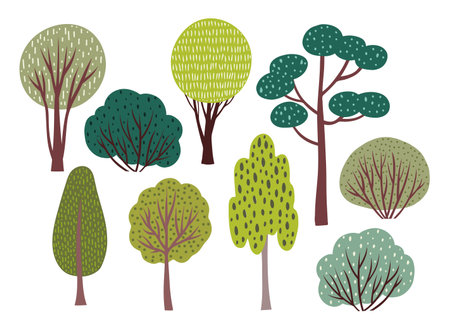 Flat vector illustration featuring a collection of isolated trees and bushes in a cartoon style with hand drawn textured details. Playful and colorful nature elements for design use.のイラスト素材