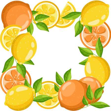 Flat hand drawn vector illustration of a decorative frame made of whole and halved oranges and lemons with green leaves. Bright citrus border design on a white backgroundのイラスト素材