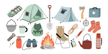 Flat vector illustration featuring a colorful set of isolated camping gear and outdoor items. Perfect for travel and adventure designs.のイラスト素材