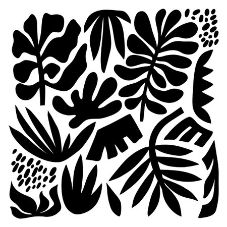 Matisse inspired contemporary collage poster with abstract organic shapes in black colors on white background, vector illustrationのイラスト素材