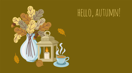 Autumn Banner With Coffee, Candle And Leavesのイラスト素材