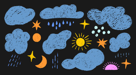 Hand Drawn Clouds, Moon, Sun, Stars And Rain