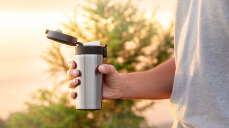 Man traveller holds silver cup, sunset sky on the background, concept of outdoor vacation, space for text. High quality photoの写真素材