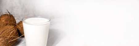 Various vegan vegetable milk, non dairy coconut alternative milk, horizontal banner with free space for text. High quality photoの写真素材