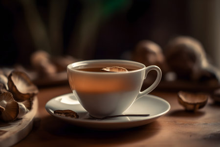 Mushroom tea for health, dried mushrooms and cup of hot tea on the table, dark background. Generative AIの素材