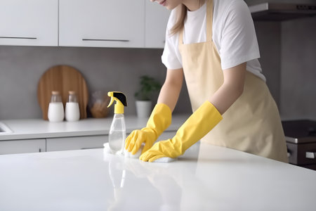 young housewife with rubber gloves on hands dusting the table, kitchen room interior. Cleaning home concept. Generative AIの素材