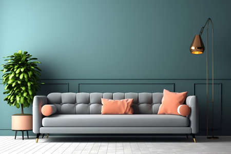 Interior design in trendy colors, grey soft sofa against the colored wall. Generative AIの素材