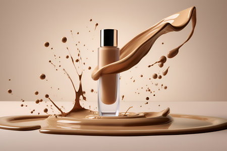 Liquid makeup foundation Bottle with beige cream splash and drops. Tube of cream, free space for text. Generative AIの素材