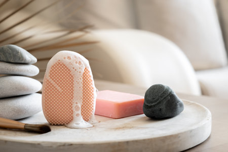 Skin care and spa beauty concept, Morning cleanser foam on silicone facial massager brush, free place for text. High quality photoの写真素材