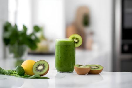 a glass with detox kiwi summer drink, spinach and lemon on table indoors in the litchen. Space for text. Generative aiの素材