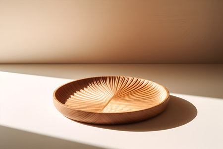 wooden podium for product advertisement, beige background and sunny shade. Generative AIの素材