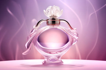 beautiful perfume jar with back light on a pink and magenta color background. Luxury fragrance. Generative AIの素材