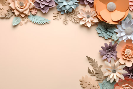 Paper cut out art, mock up for greeting or invitation card with paper flowers and copy space, pastel background. Generative AIの素材
