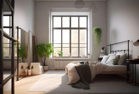 the interior of a bright Scandinavian style bedroom with lots of indoor plants. Generative aiの素材