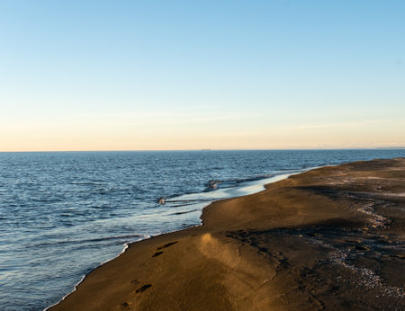 Blurred seaside background, blue sea and black sand beach, scenery background with sky gradient, selective focus. High quality photoの写真素材