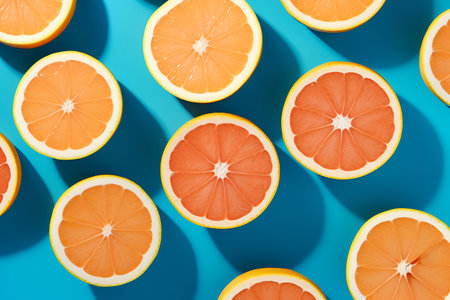 fruit pattern, fresh orange slices on blue background, spring, summer cocept. Generative AIの素材